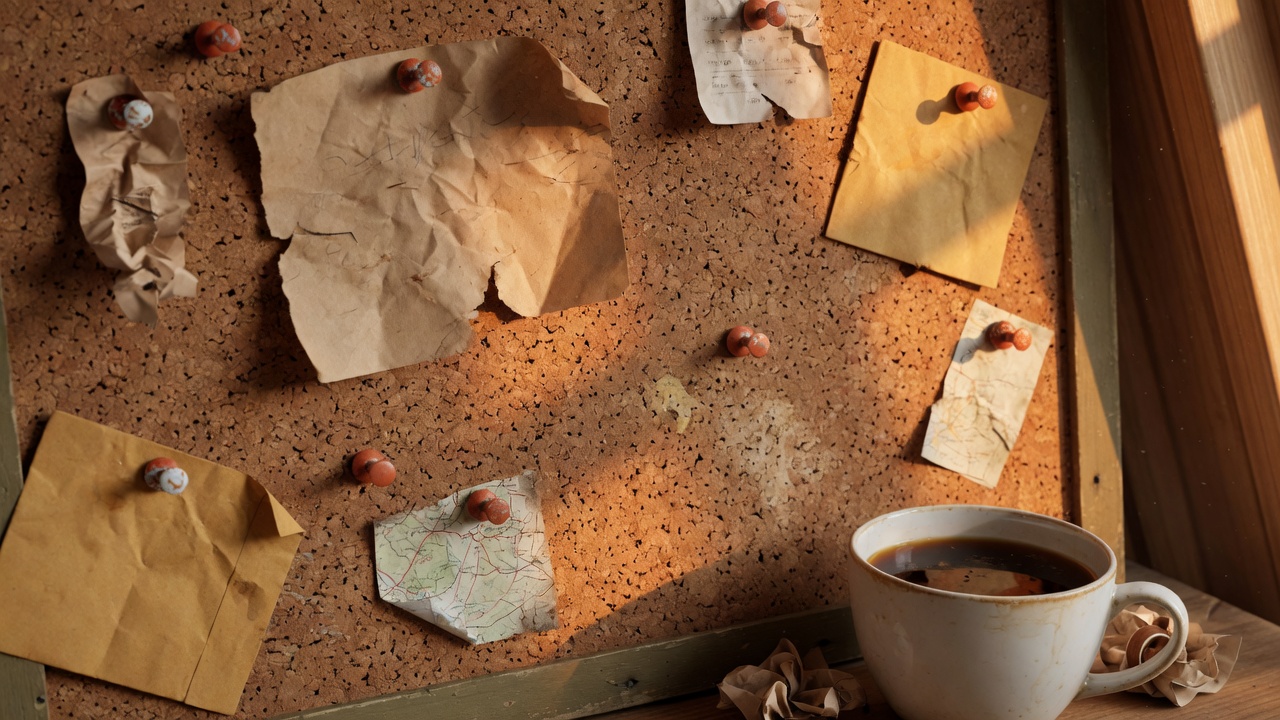 Cork board with sunlit notes, rust tacks, and a coffee cup at the corner shop